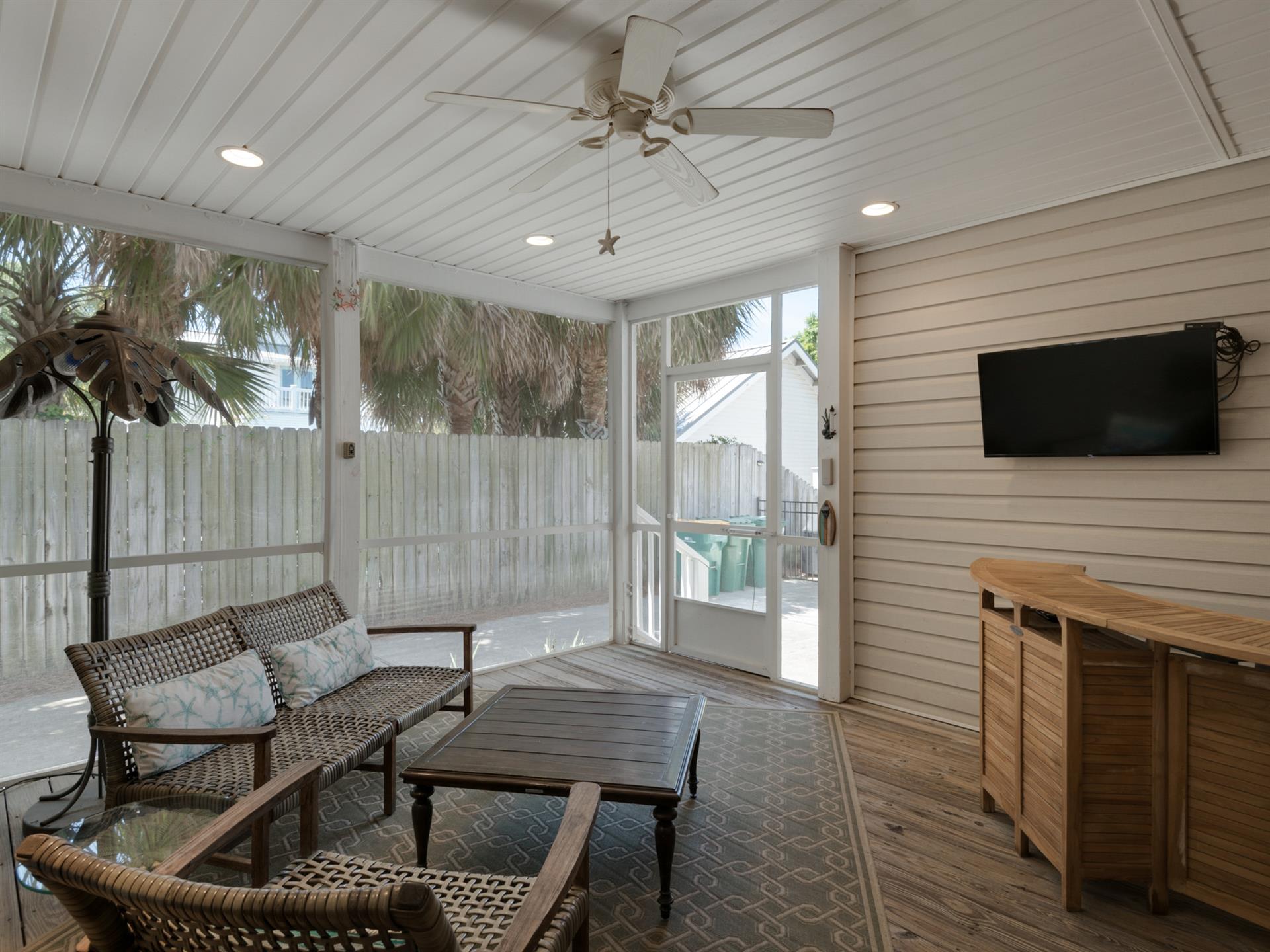 Screened in porch and flat screen TV