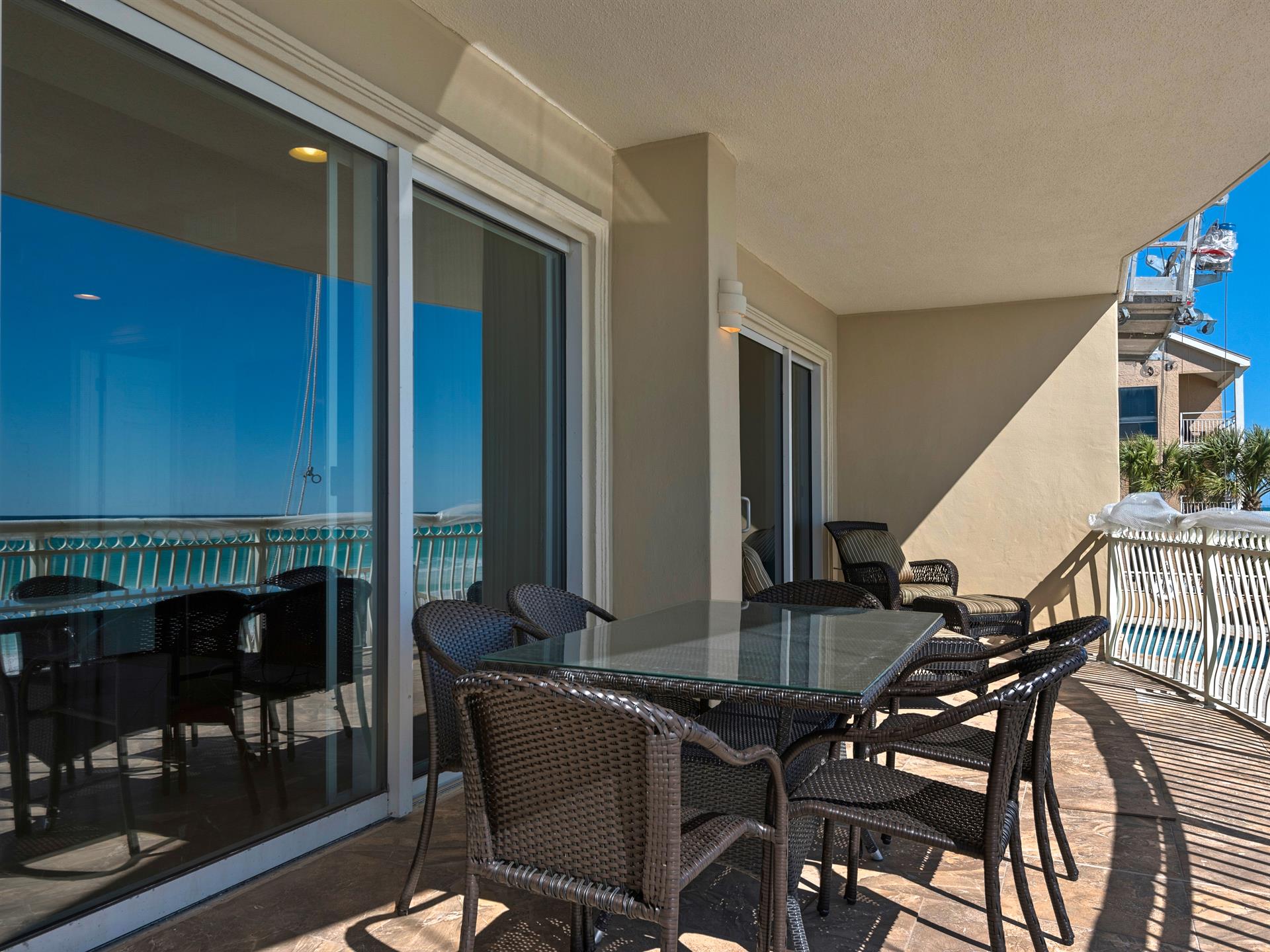 Large balcony runs the expanse of the condo