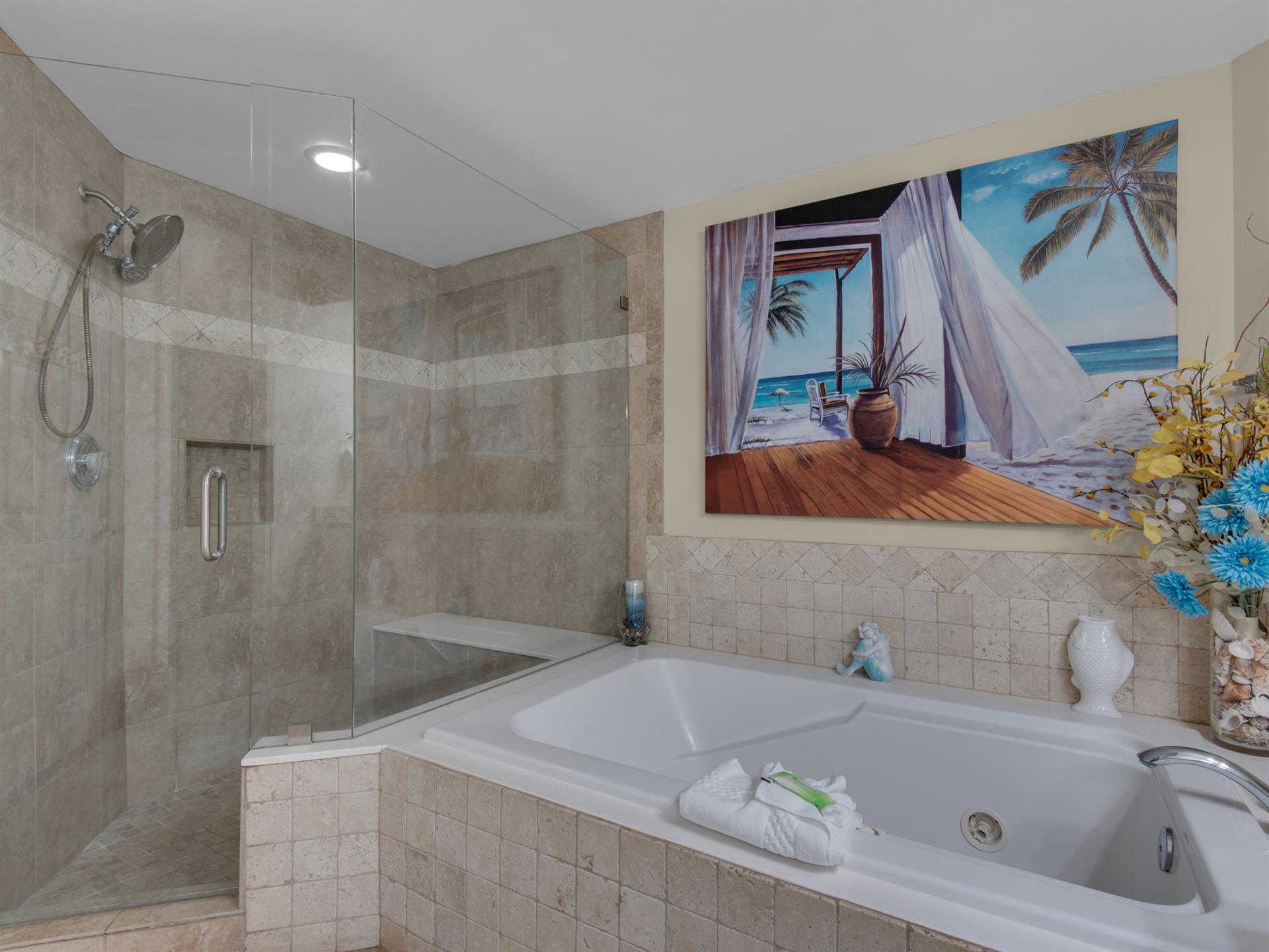 Primary Bathroom with WalkIn Shower and Soaking Tub