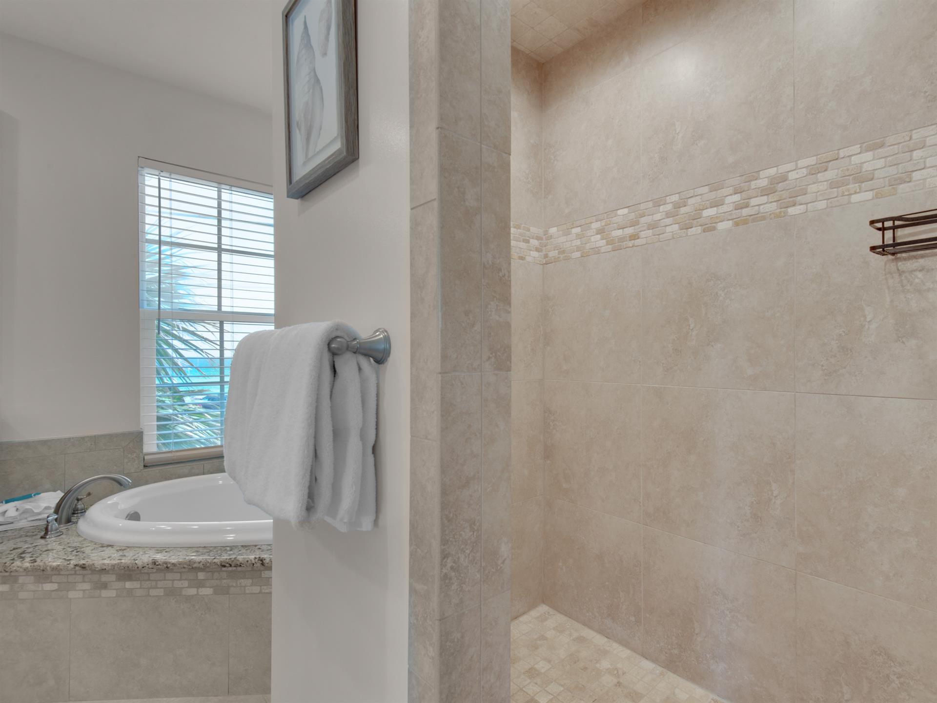 Primary bath with walkin shower and garden tub