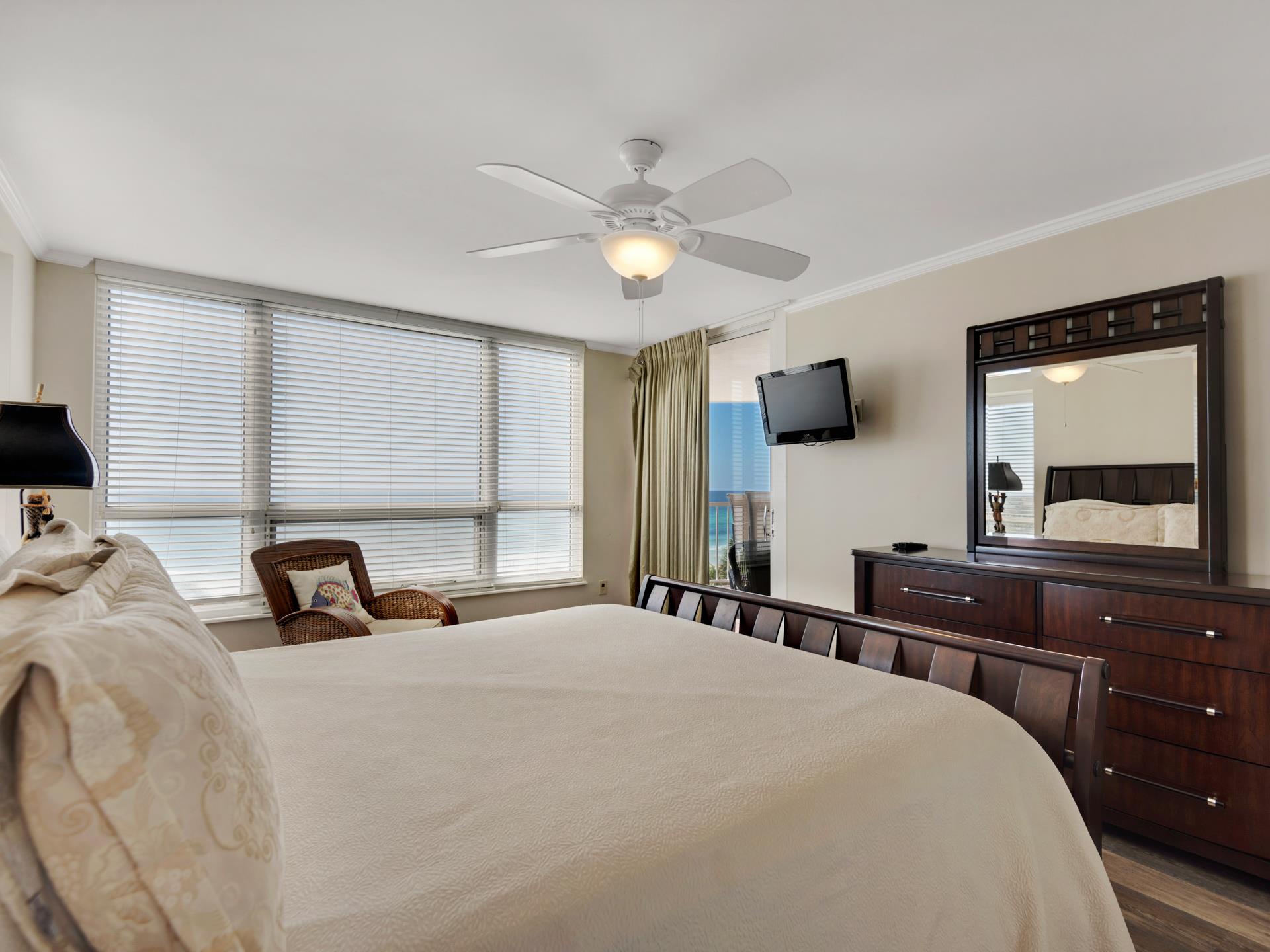 Flat Screen TV and Private entrance to Patio in Primary