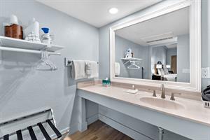Bathroom vanity counter with large mirror