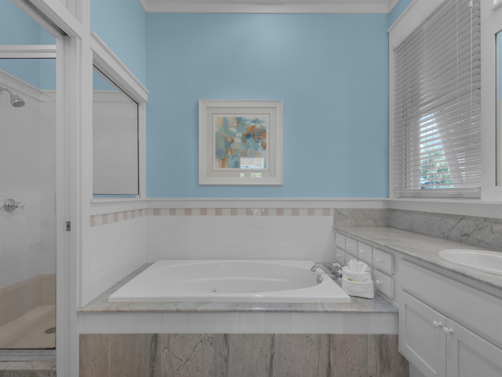 Private Primary      bathroom with soaking tub jets inoperable and walk in shower  1st floor