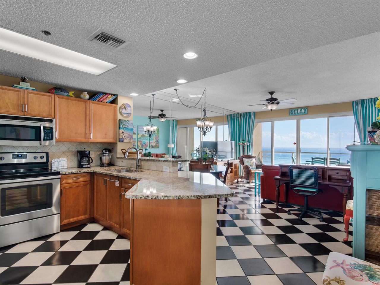 Open Kitchen, dining room and living room with stunning gulf view